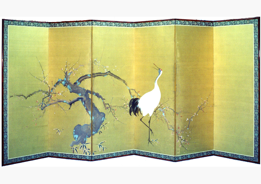 本間六曲金屏風・鶴白梅図の画像